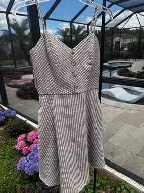 Striped Spaghetti Strap Sundress in Taupe and White